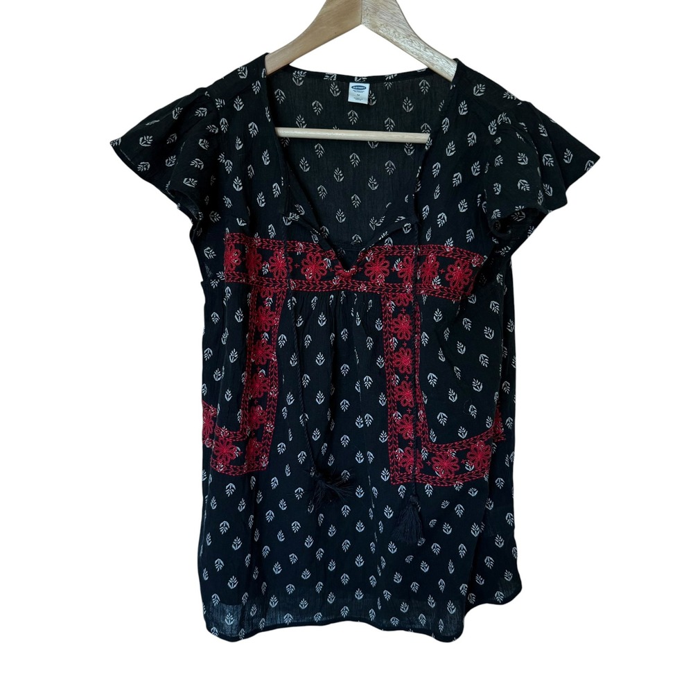 Old Navy Blouse Women M Black Red Excellent Boho Embroidered Tassel Gauze Top